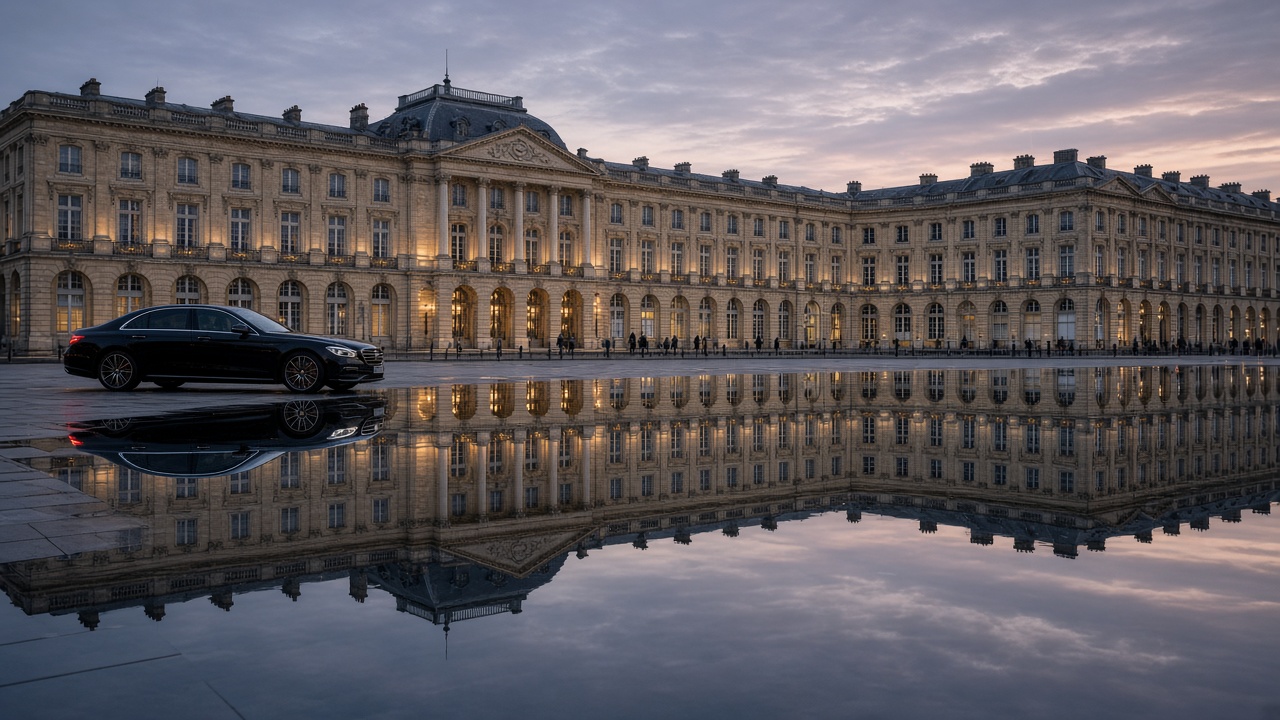 Miroir d'eau de Bordeaux au crépuscule