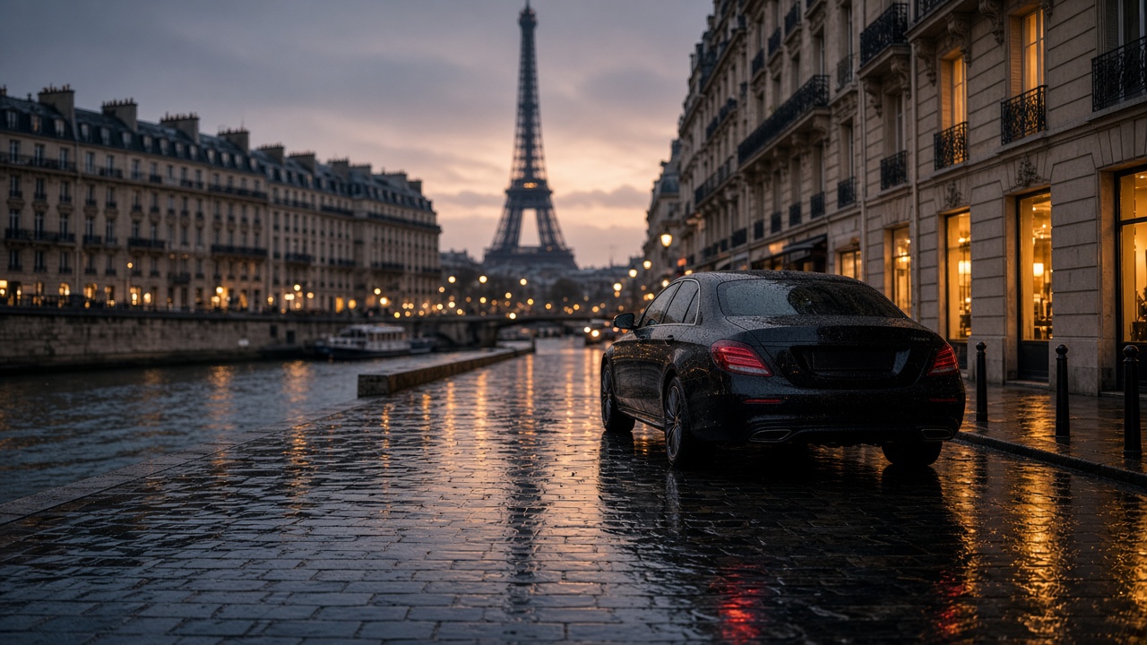 Quais de Paris au crépuscule, berline noire